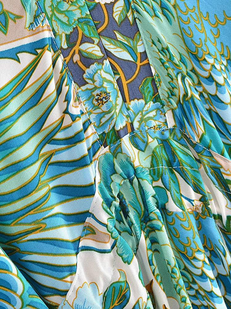 Teal Songbird Boho Floral Print Midi Dress
