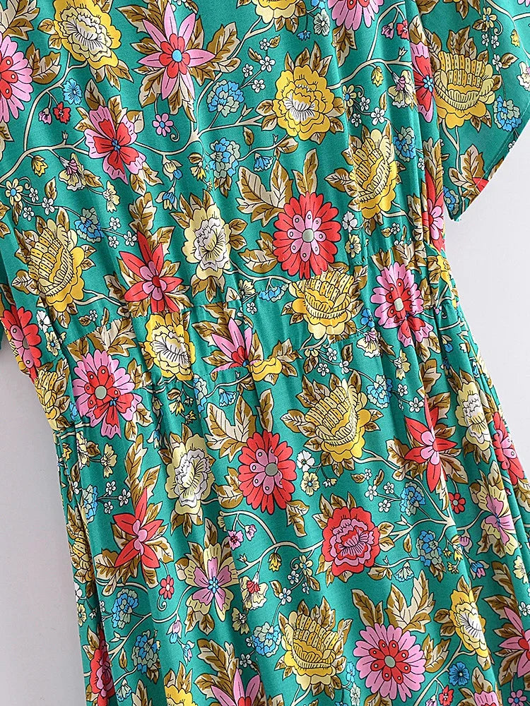 Teal Blooms Boho Floral Print Maxi Dress