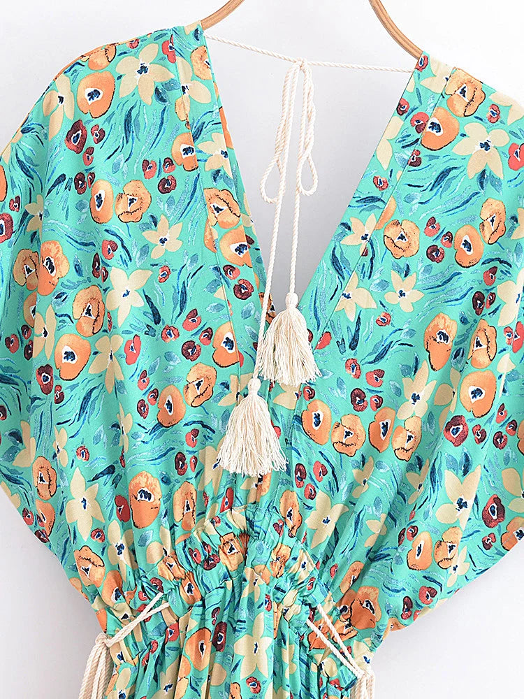 Evergreen Floral Boho Floral Print Midi Dress