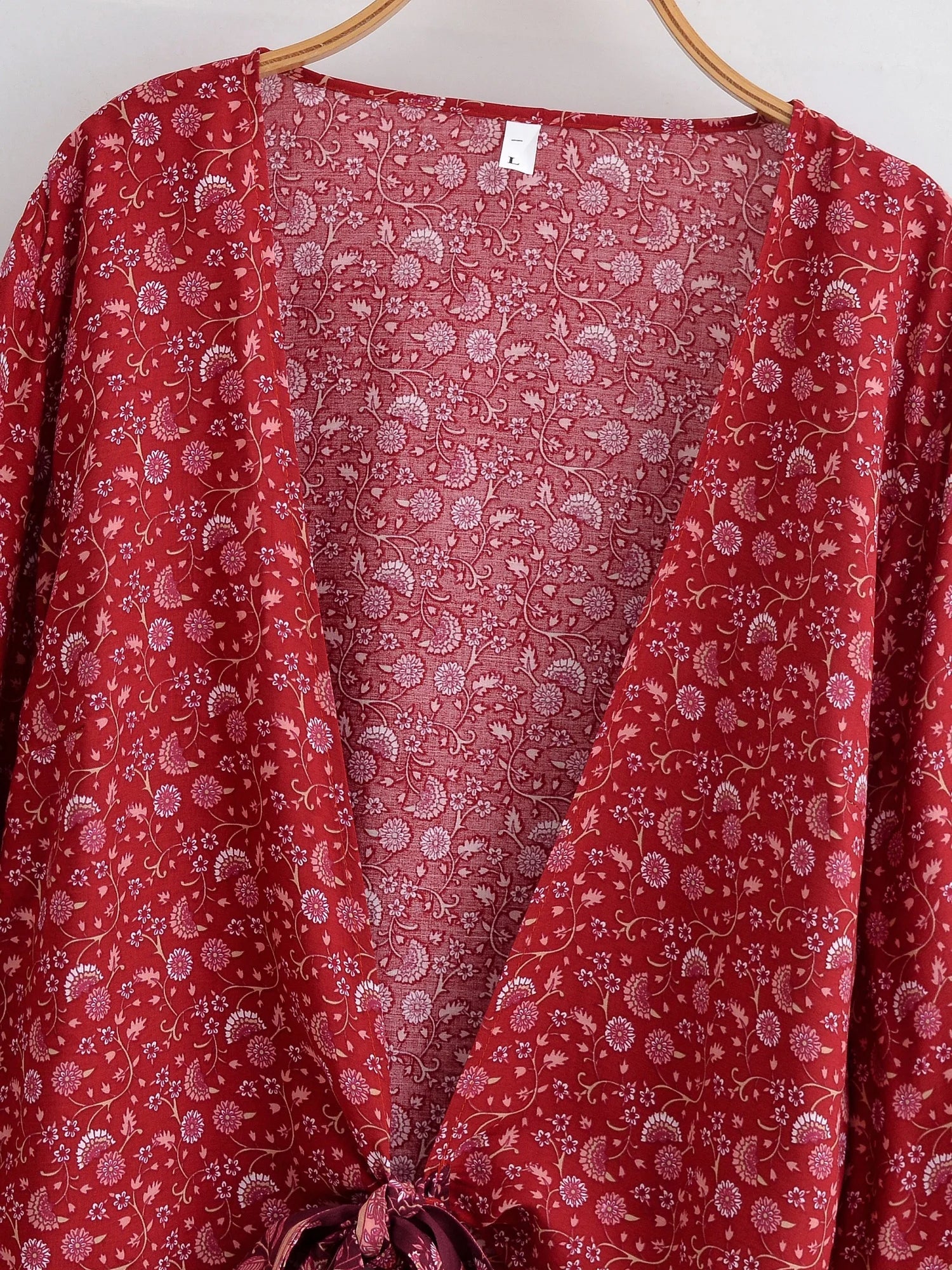Crimson Blossom Boho Floral Print Long Sleeve Crop Top