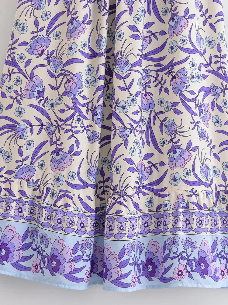 Lavender Bliss Boho Floral Print High-Low Maxi Skirt