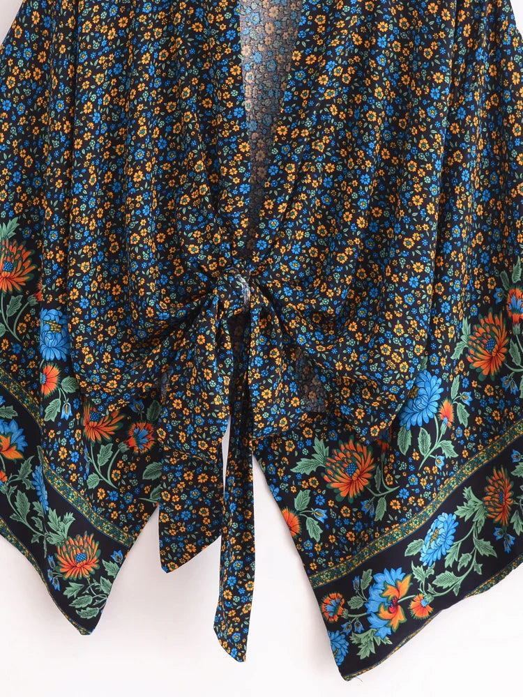 Moonlight Navy Boho Floral Print Crop Top