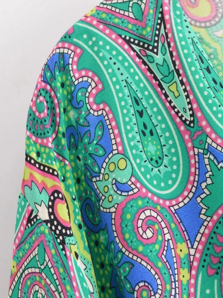 Mystic Green Boho Paisley Print Long Sleeve Crop Top