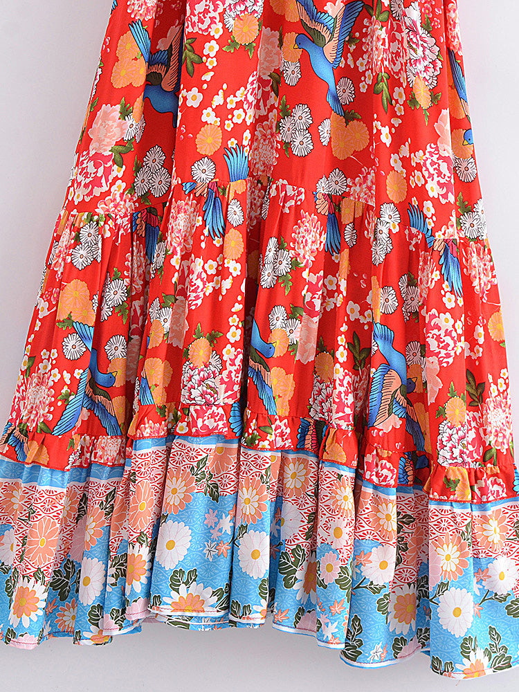 Red Freebird Boho Floral Print Maxi Dress