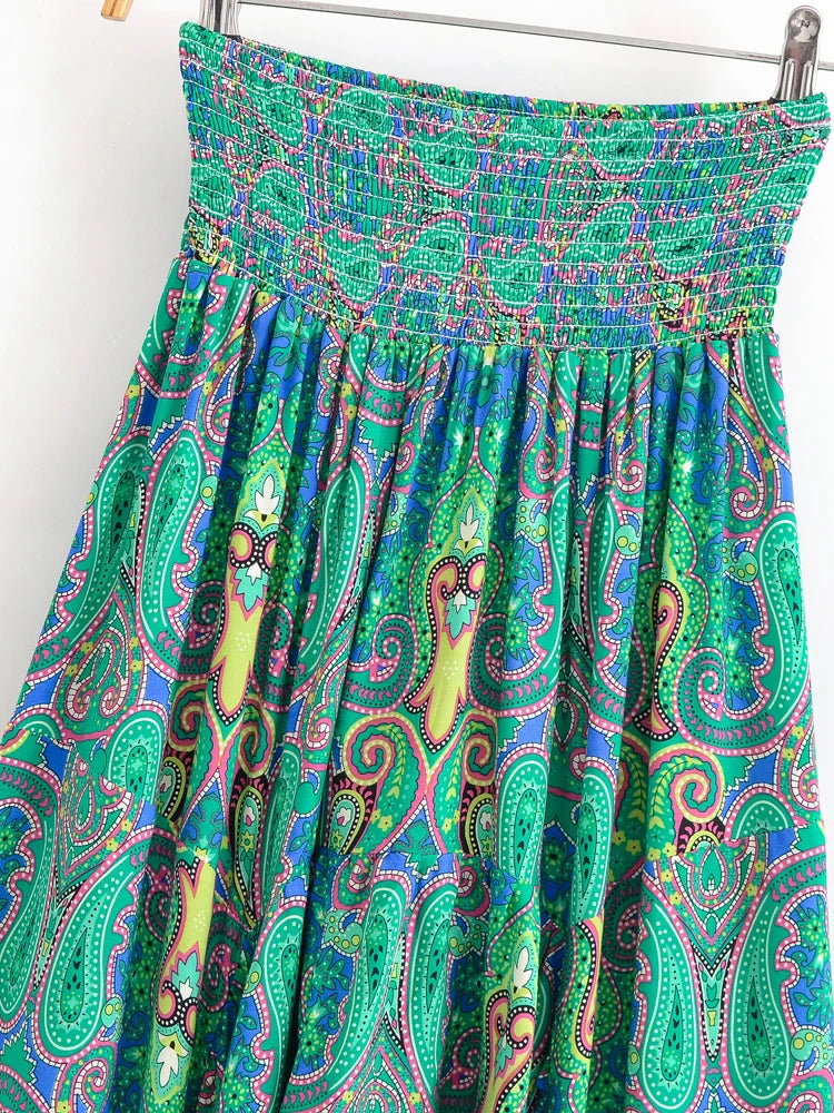 Mystic Green Boho Paisley Print High-Low Maxi Skirt