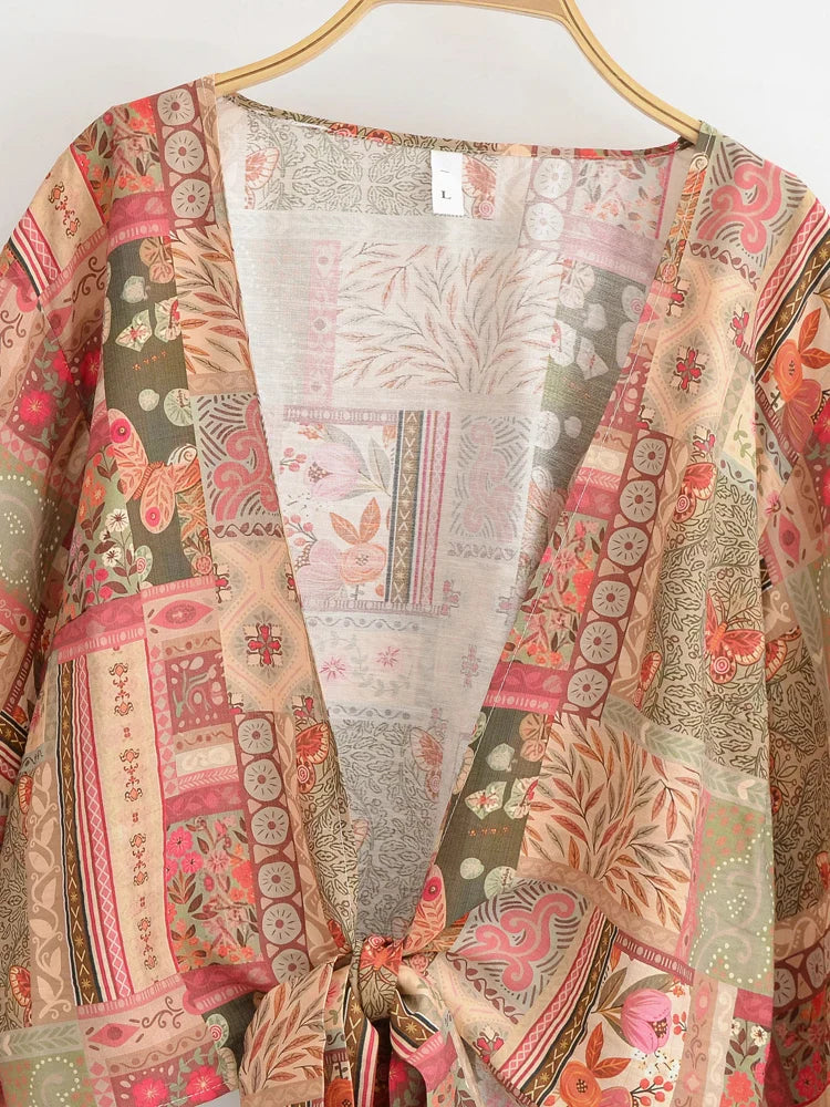 Desert Sunset Boho Floral Print Long Sleeve Crop Top