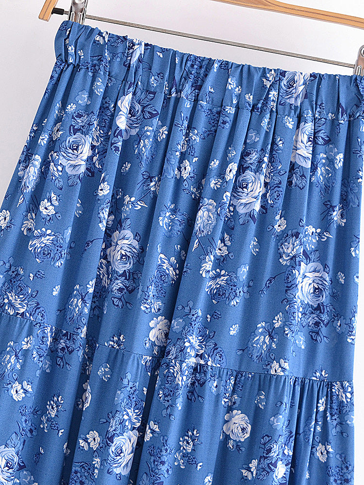 Cottage Blue Floral Print Boho Maxi Skirt
