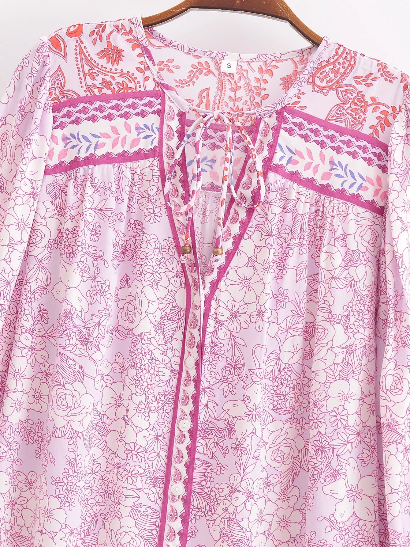 Serene Pink Boho Floral Print Long Sleeve Blouse