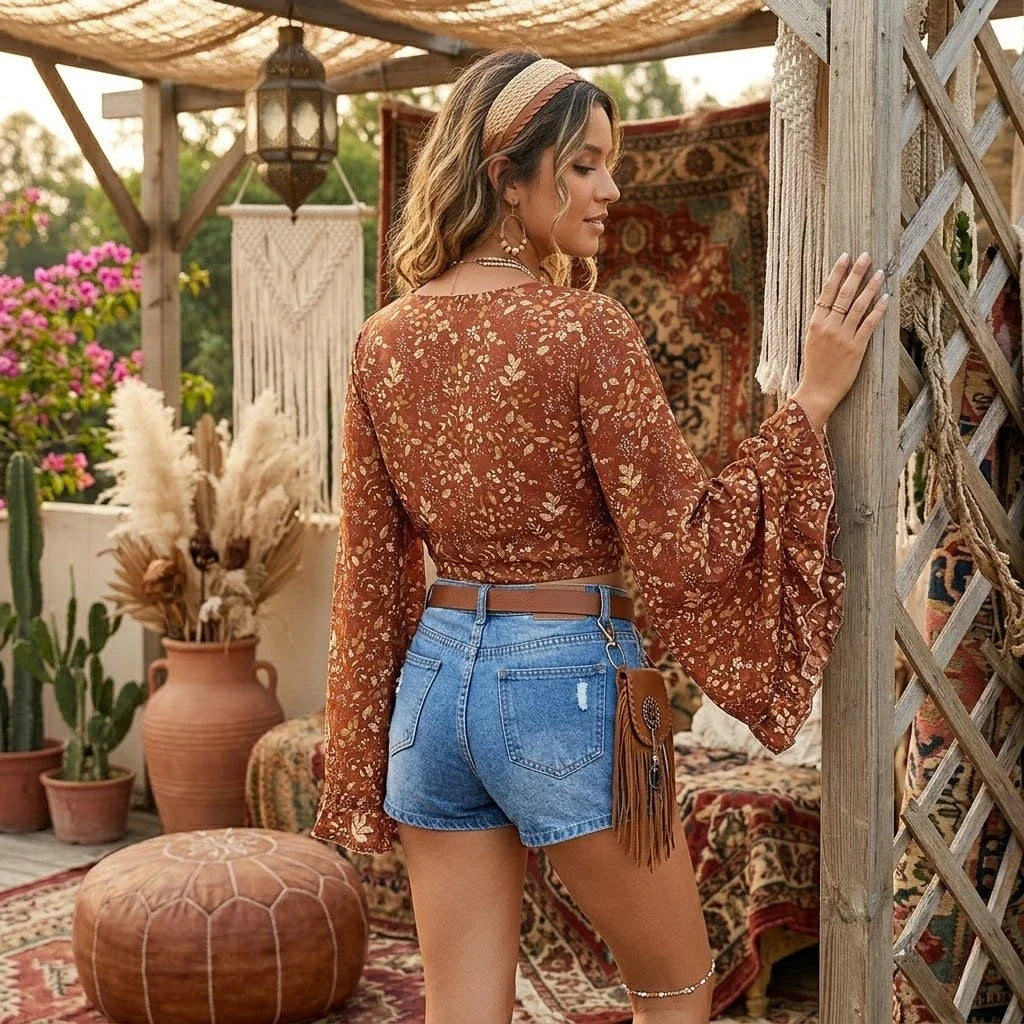 Terracotta Blossom Boho Floral Print Long Sleeve Crop Top