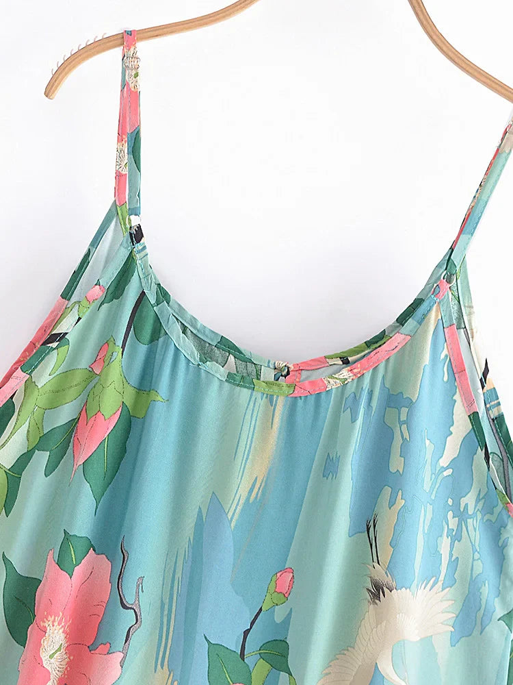 Moonlight Crane Boho Floral Print Midi Dress
