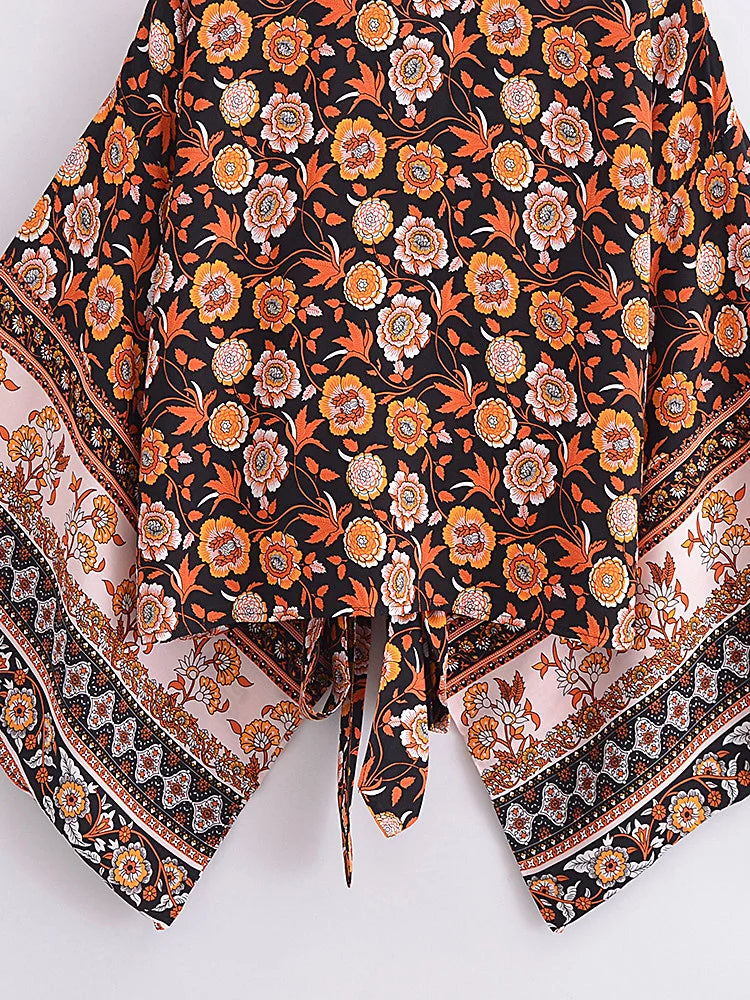 Midnight Marigold Boho Floral Print Crop Top
