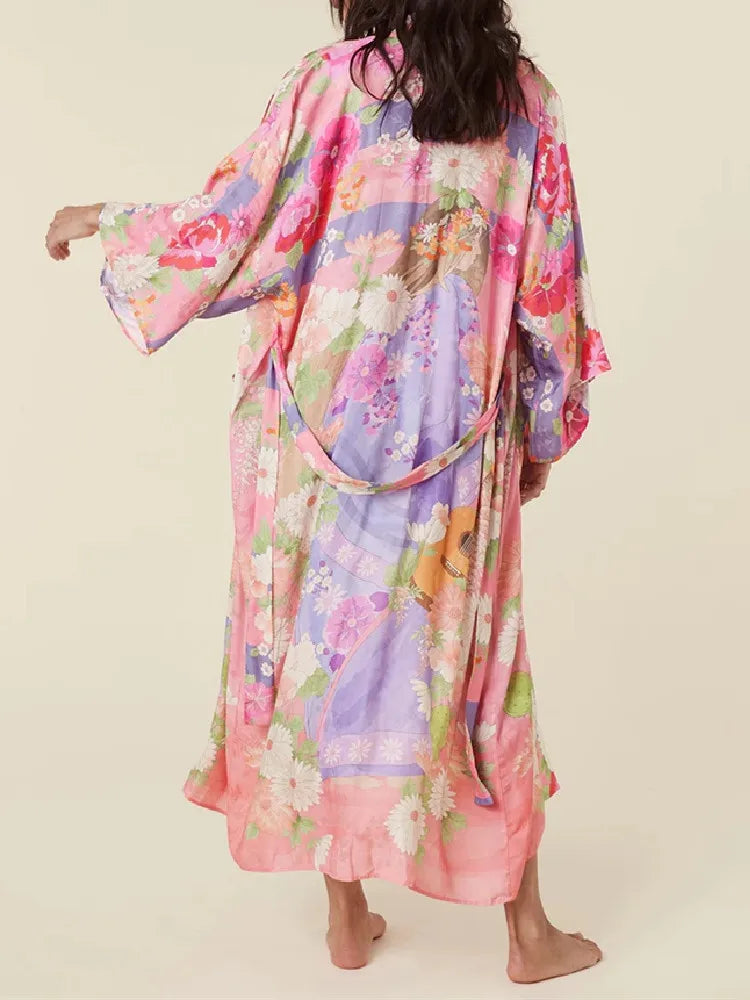 Pink Blooms Boho Floral Print Maxi Robe