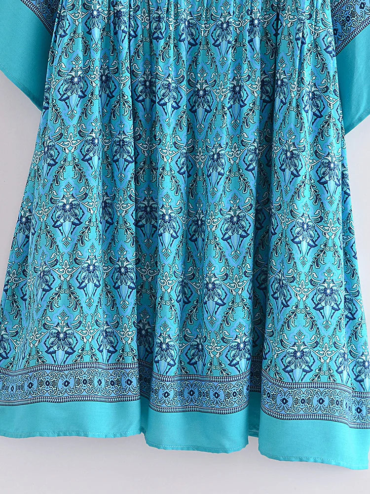 Blossom Blues Boho Floral Babydoll Mini Dress
