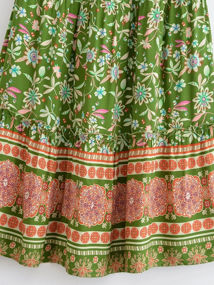 Green Dreamer Floral Print Boho Maxi Skirt
