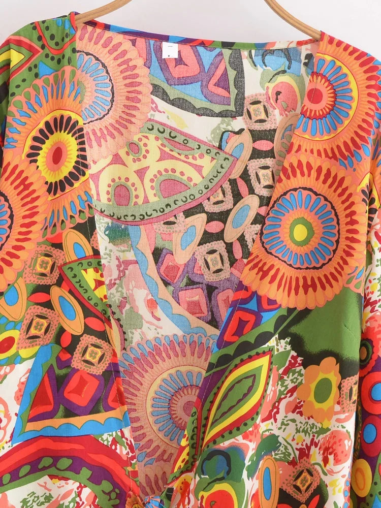 Psychedelic Sunrise Boho Floral Print Long Sleeve Crop Top