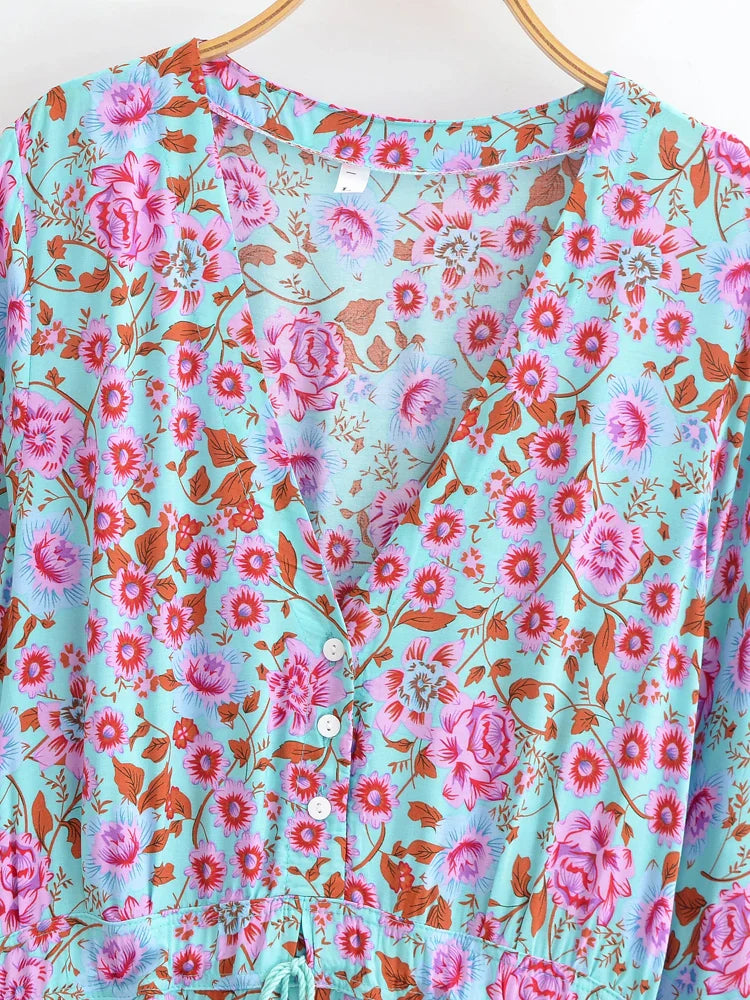 Blooming Rose Boho Floral Print Maxi Dress