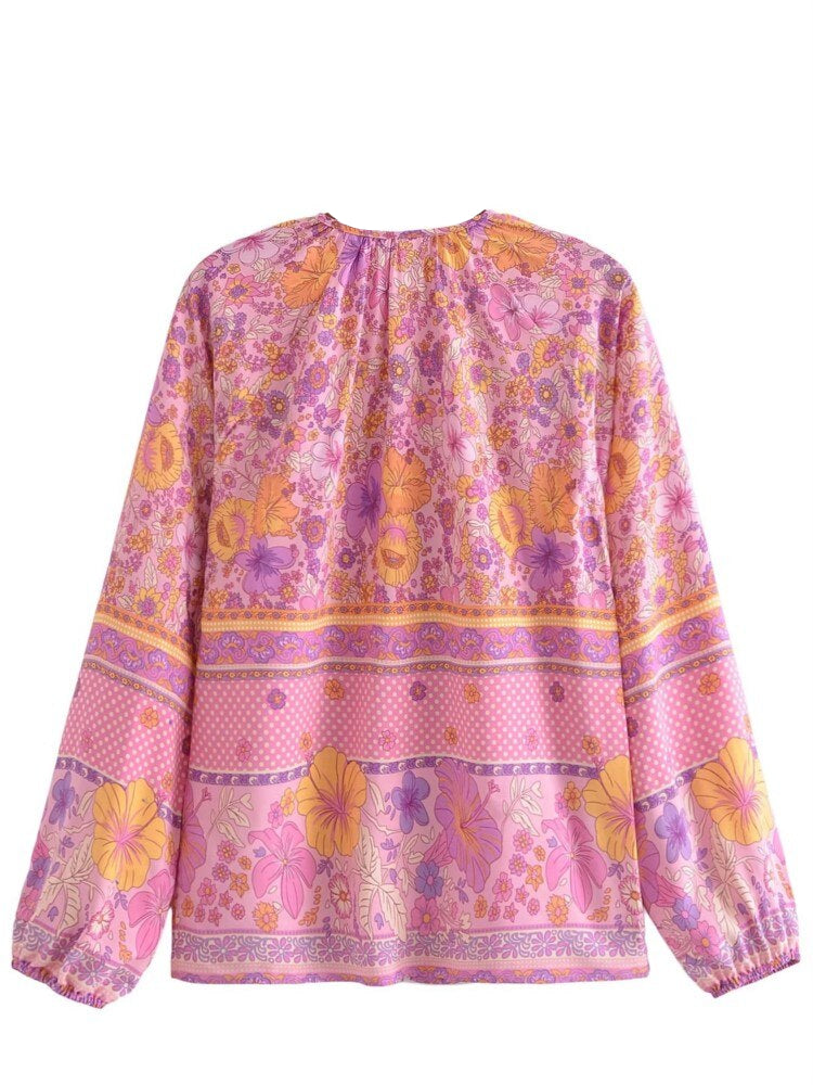 Pink Hibiscus Boho Floral Print Long Sleeve Blouse