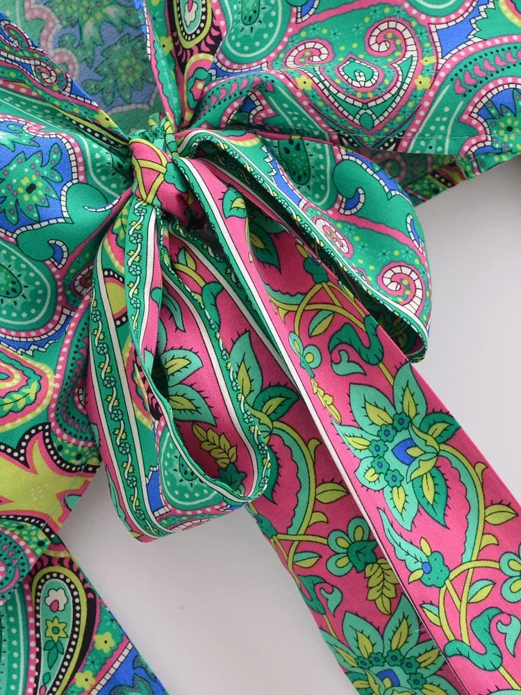 Mystic Green Boho Paisley Print Long Sleeve Crop Top