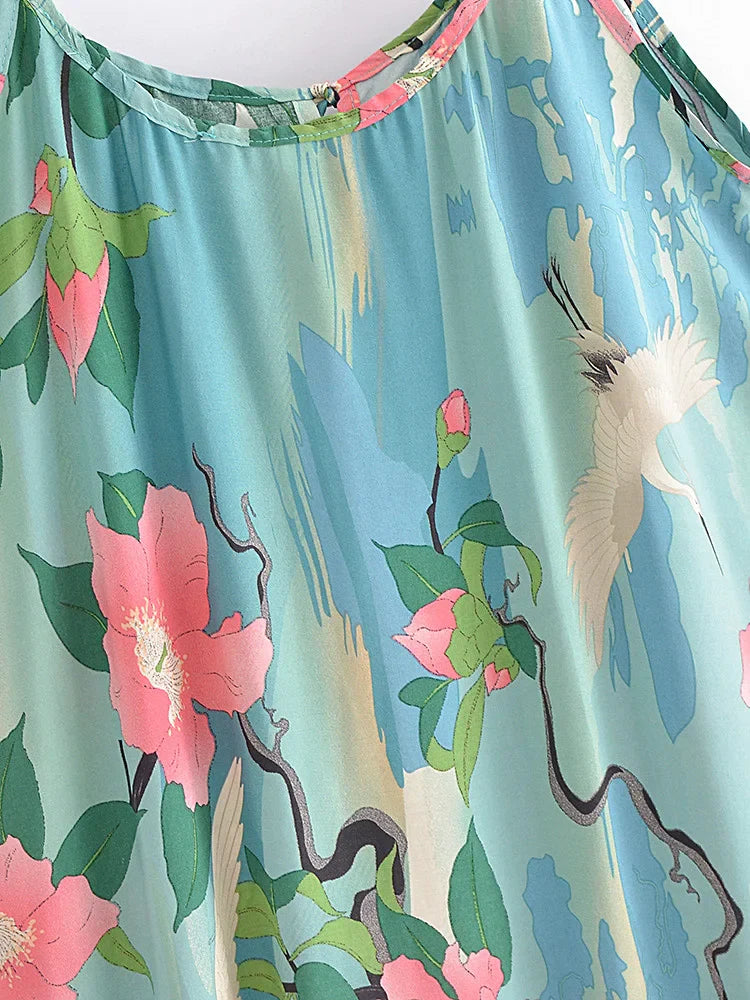 Moonlight Crane Boho Floral Print Midi Dress