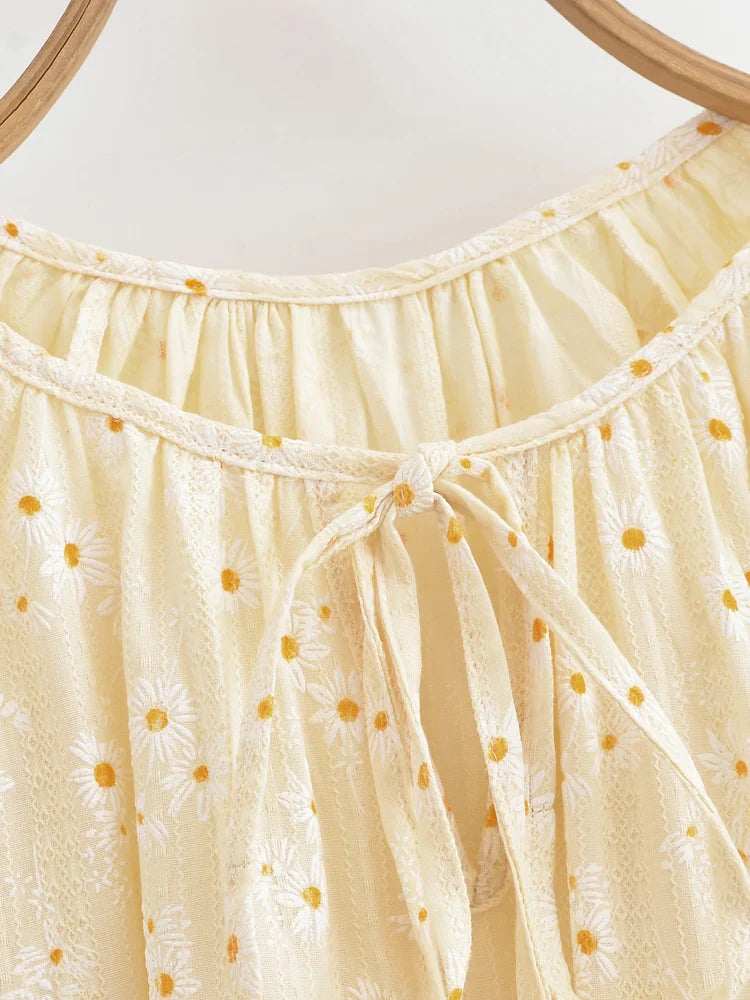 Golden Daisy Boho Floral Embroidered Long Sleeve Blouse