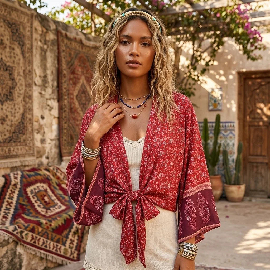 Rosewood Bloom Boho Floral Print Crop Top