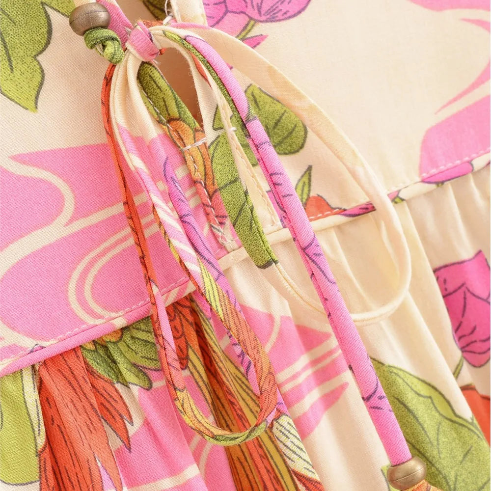 Paradise Sunset Boho Floral Print Long Sleeve Maxi Dress