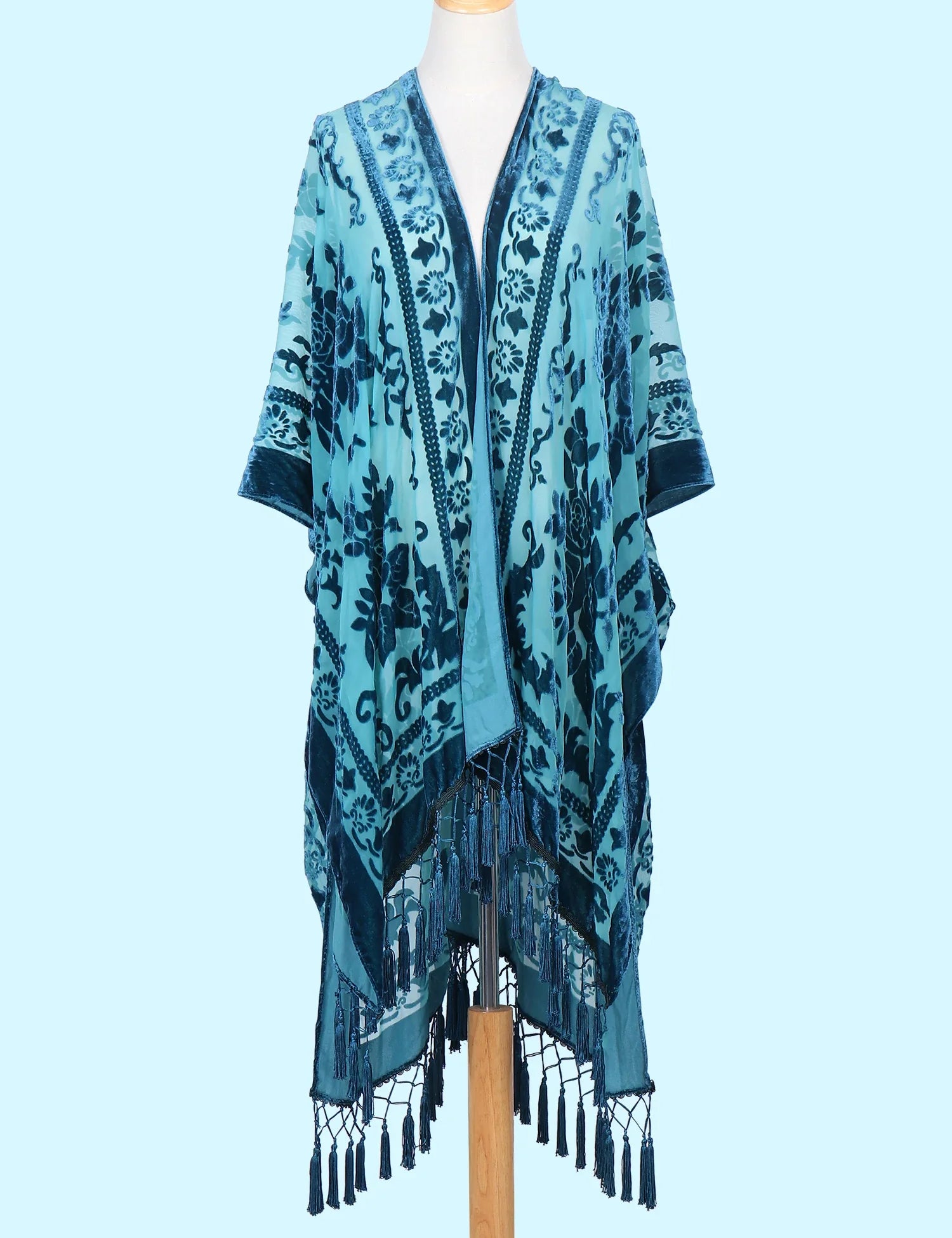 Teal Dream Floral Print Velvet Burnout Kimono