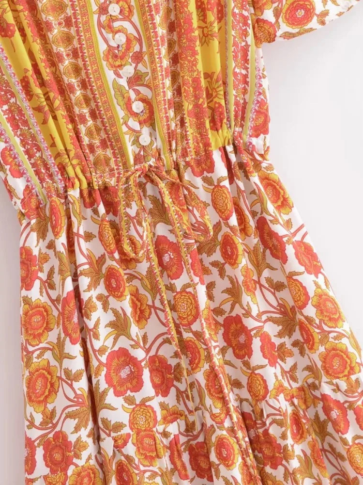 Marigold Orange Boho Floral Print Maxi Dress