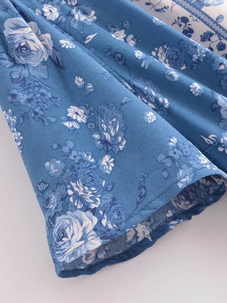 Cottage Blue Boho Floral Print Mini Dress