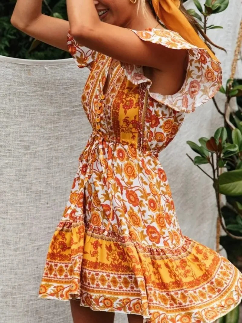 Marigold Orange Boho Floral Print Mini Dress