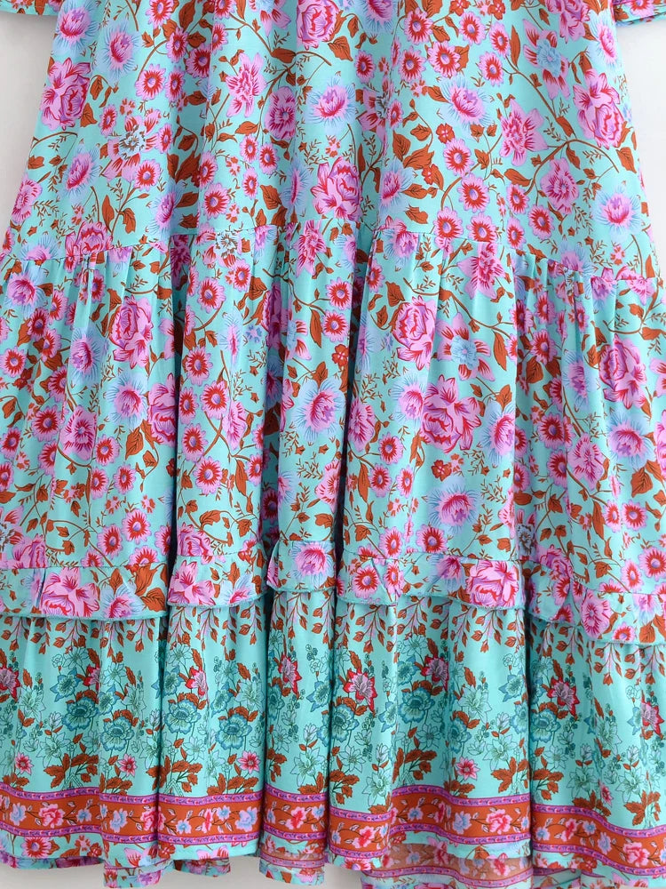 Blooming Rose Boho Floral Print Maxi Dress