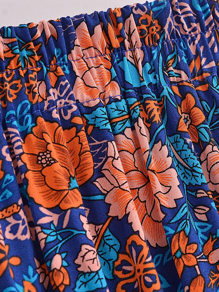 Sapphire Blue Floral Print Boho Maxi Skirt