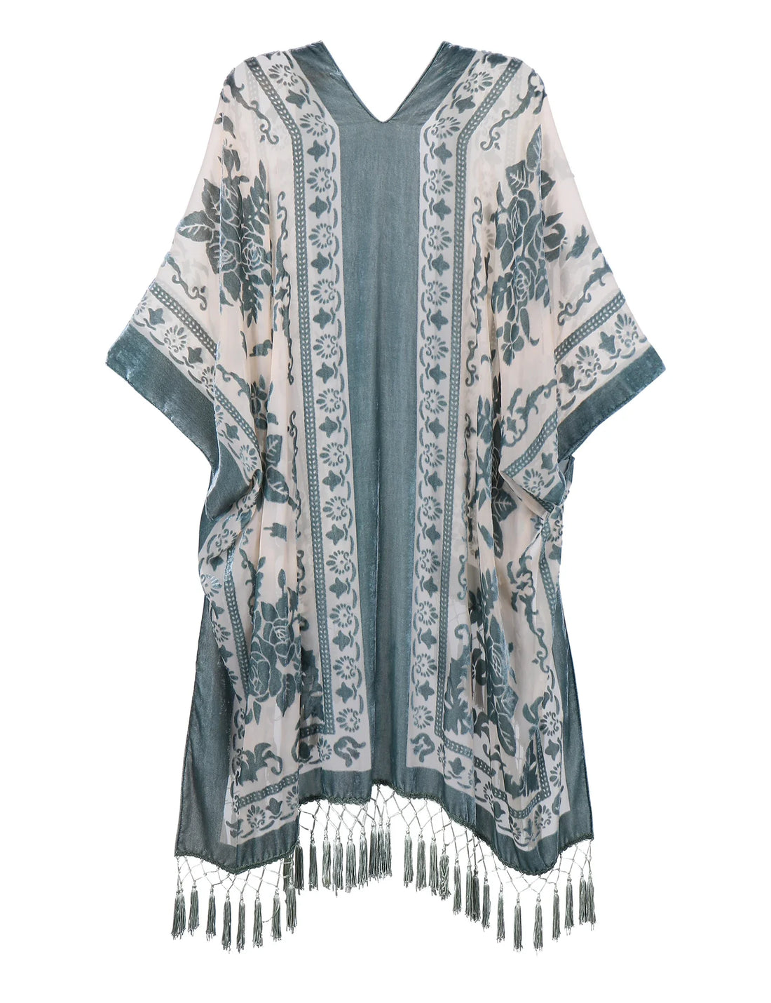 Sage Floral Print Velvet Burnout Kimono