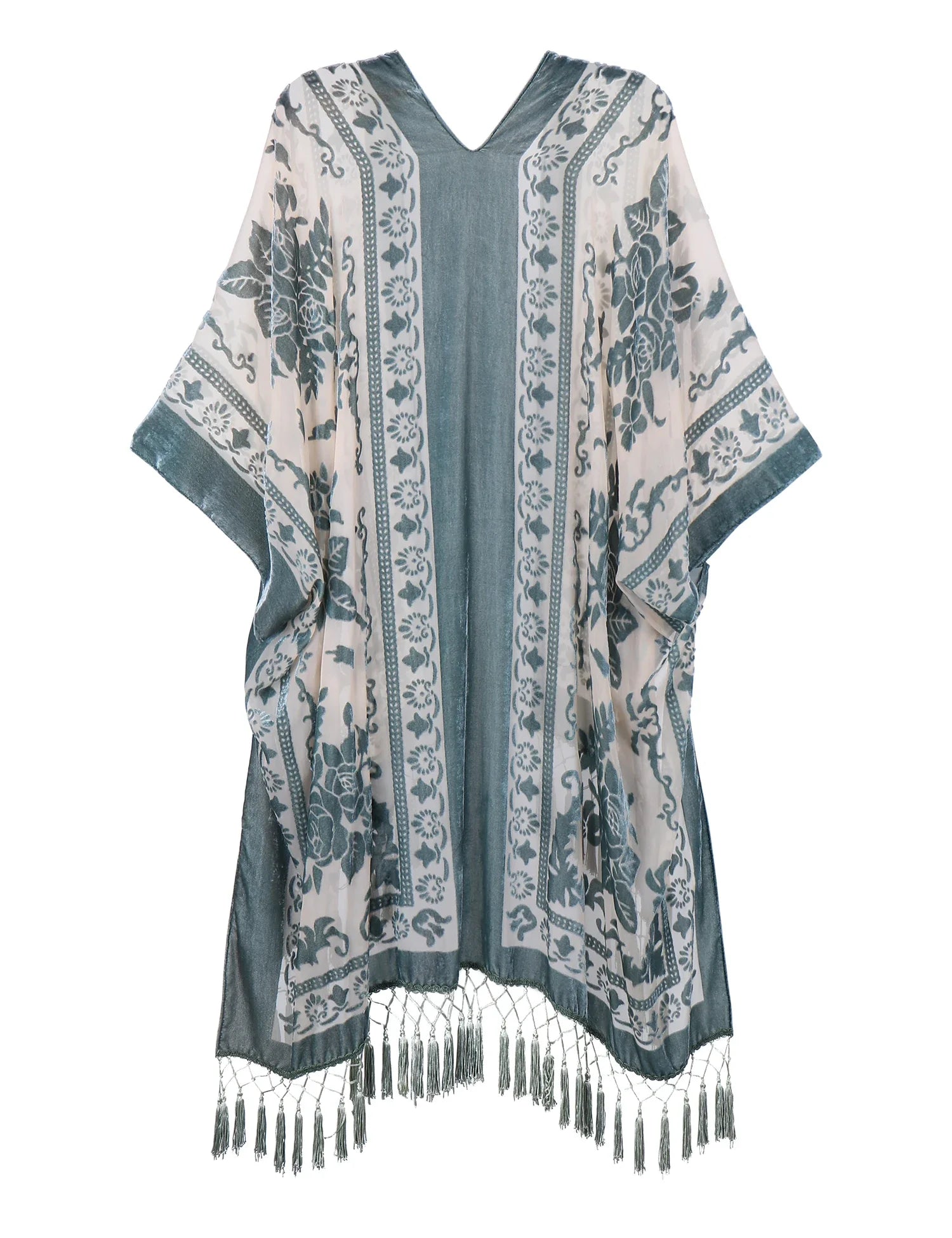 Sage Floral Print Velvet Burnout Kimono