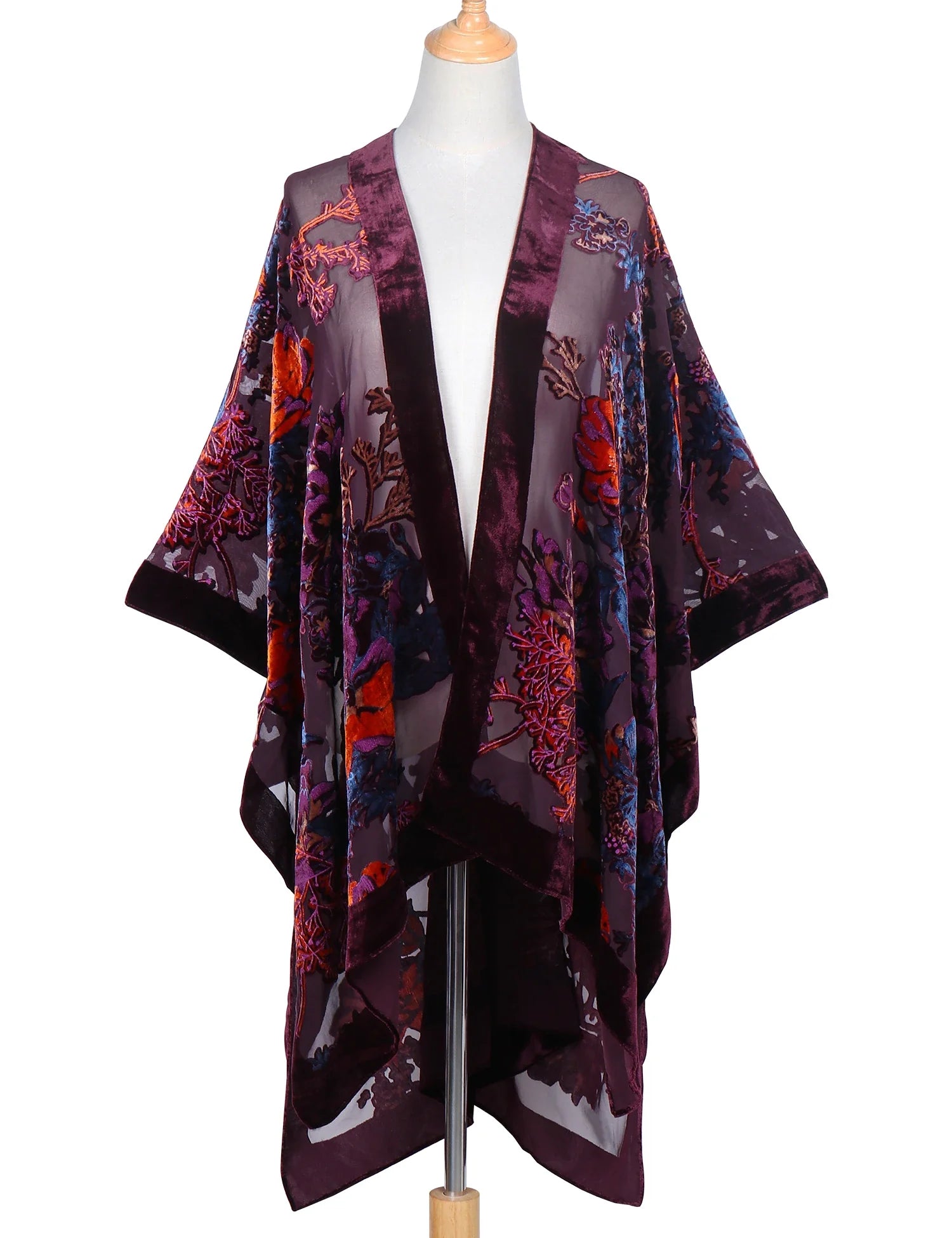 Plum Wine Floral Print Velvet Burnout Kimono