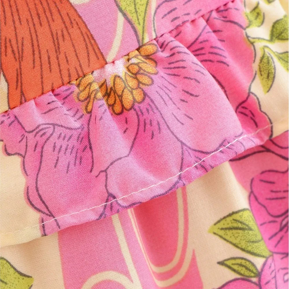 Paradise Sunset Boho Floral Print Midi Dress