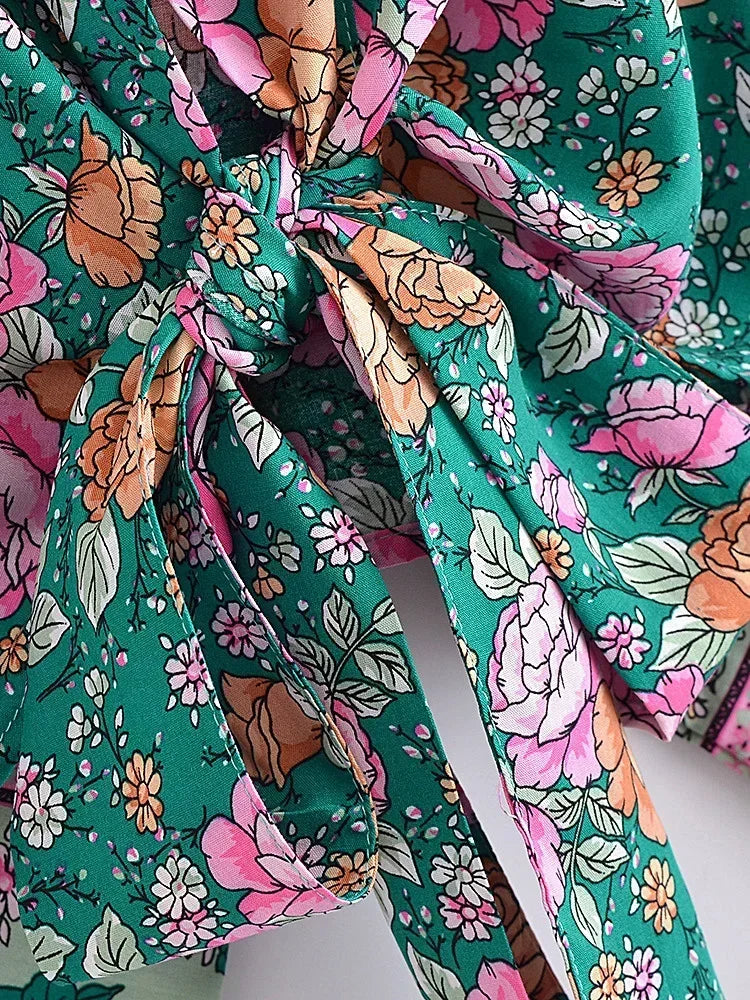 Teal Garden Boho Floral Print Crop Top