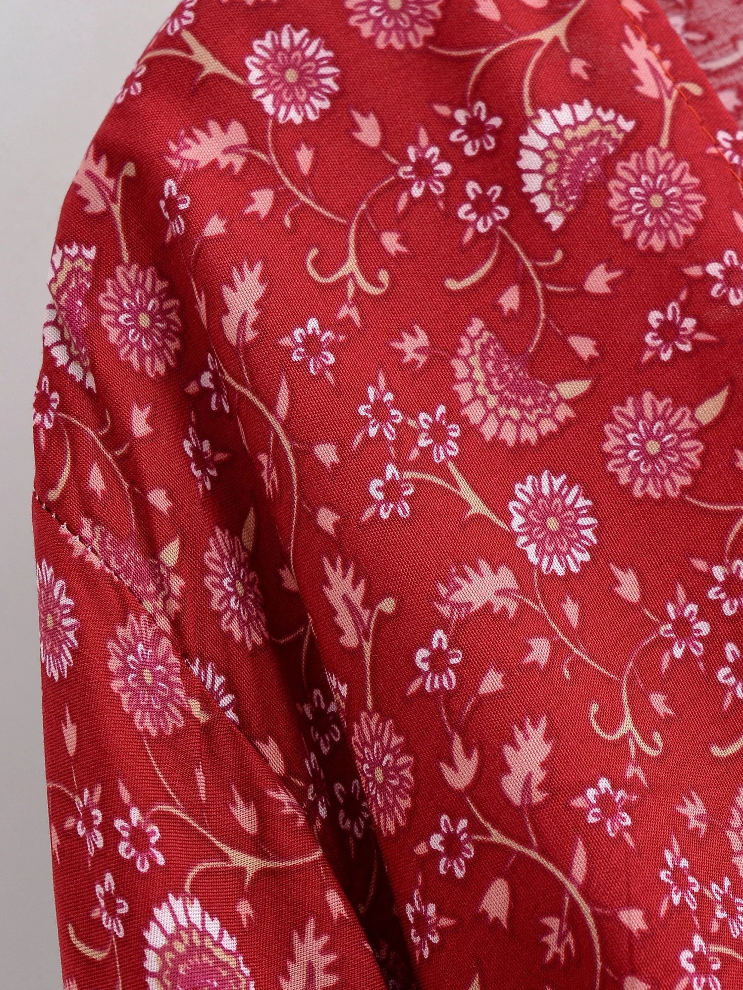 Crimson Blossom Boho Floral Print Long Sleeve Crop Top