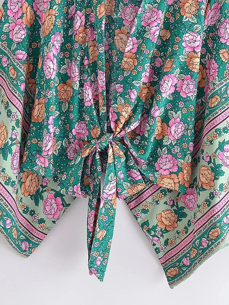 Teal Garden Boho Floral Print Crop Top