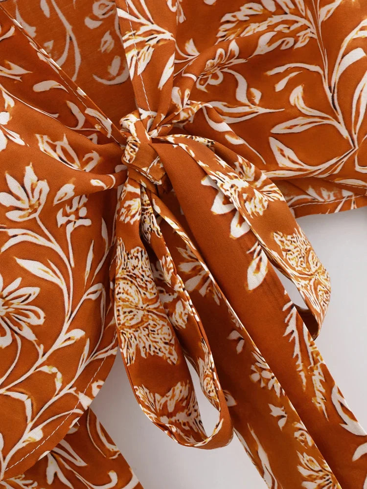Burnt Sienna Boho Floral Print Long Sleeve Crop Top