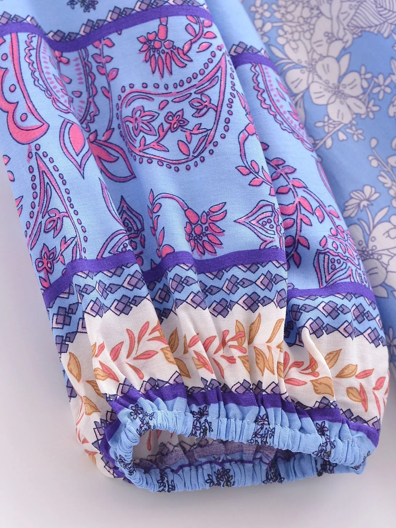 Serene Blue Boho Floral Print Long Sleeve Blouse