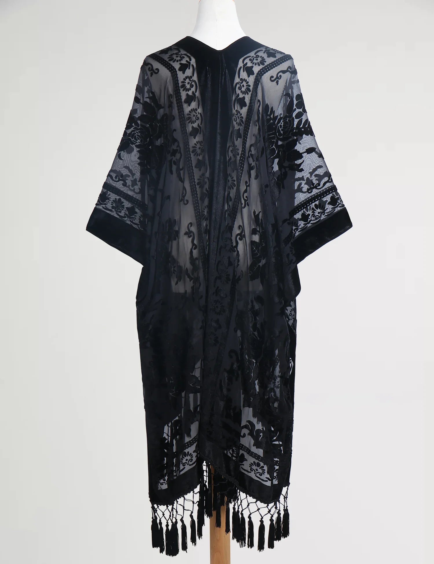 Black Floral Print Velvet Burnout Kimono