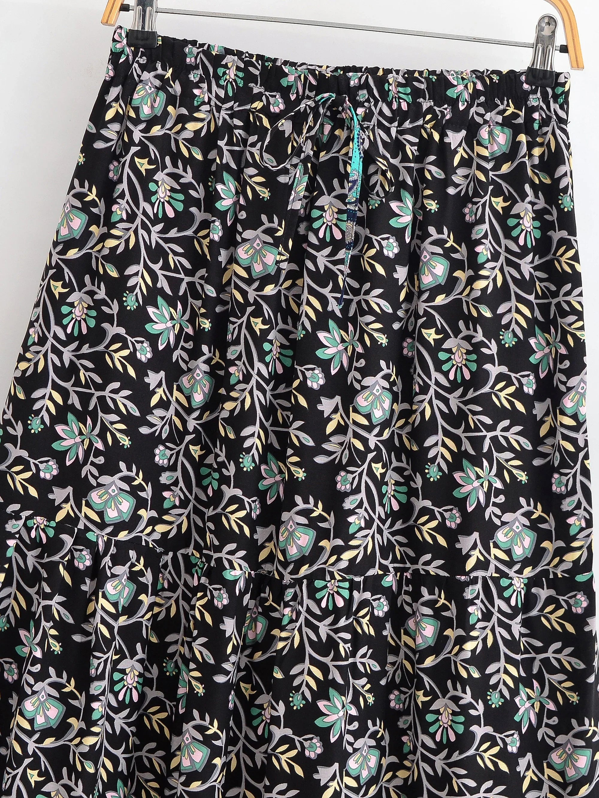 Midnight Blossom Floral Print Boho Maxi Skirt