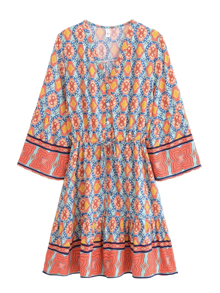 Blue Daze Boho Floral Print Long Sleeve Mini Dress