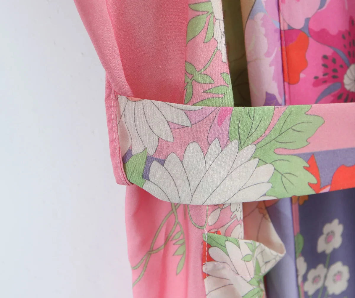 Pink Blooms Boho Floral Print Maxi Robe