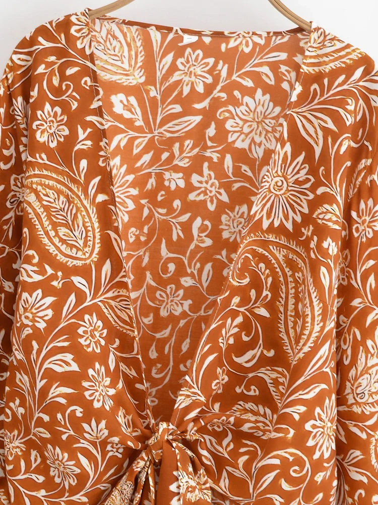 Burnt Sienna Boho Floral Print Long Sleeve Crop Top