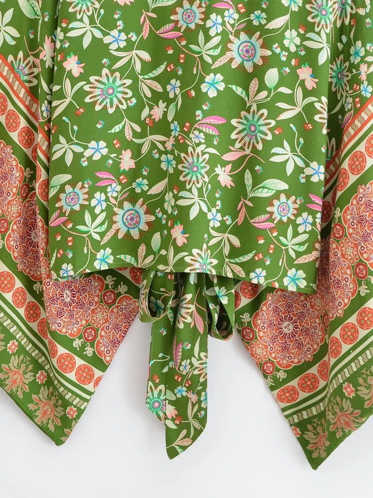 Green Dreamer Boho Floral Print Crop Top