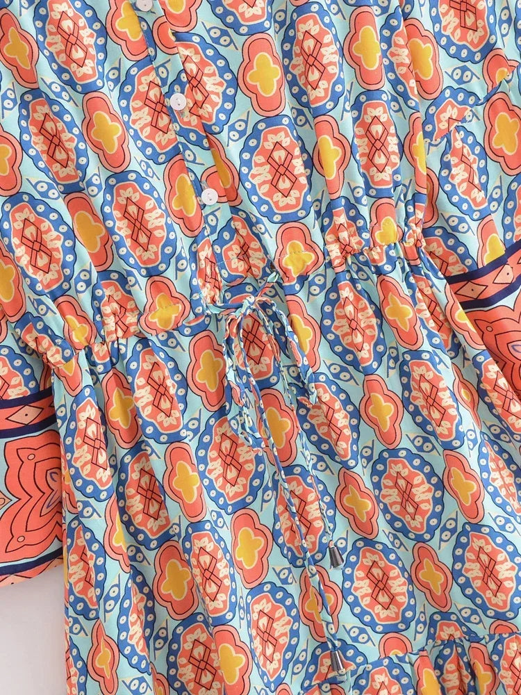 Blue Daze Boho Floral Print Long Sleeve Mini Dress