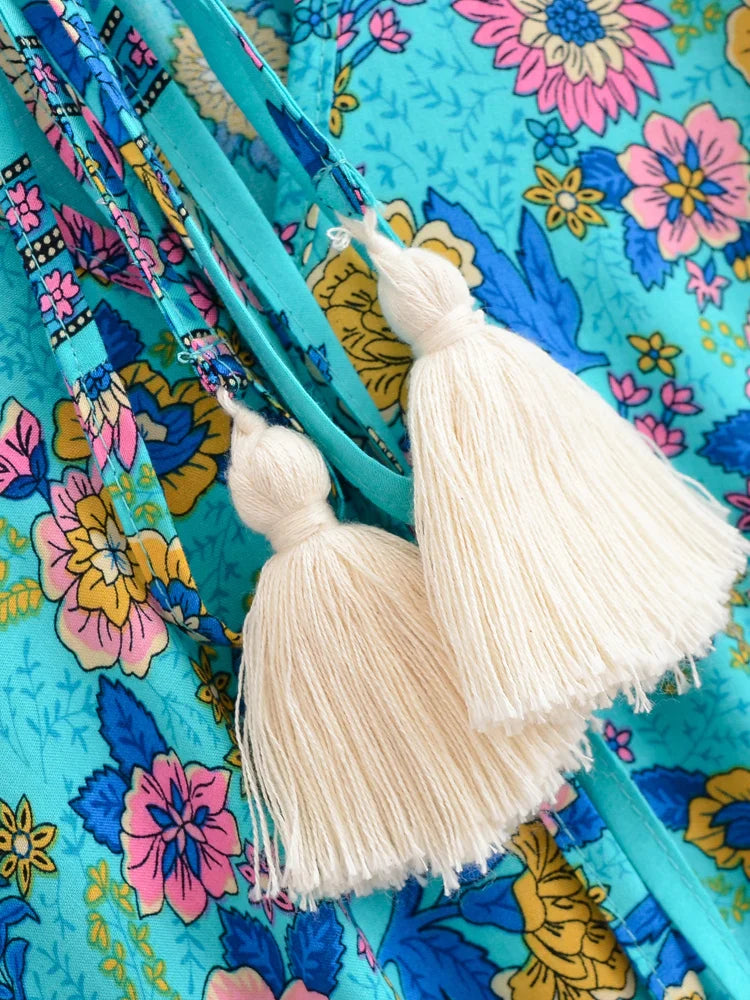 Turquoise Charm Boho Floral Print Maxi Dress