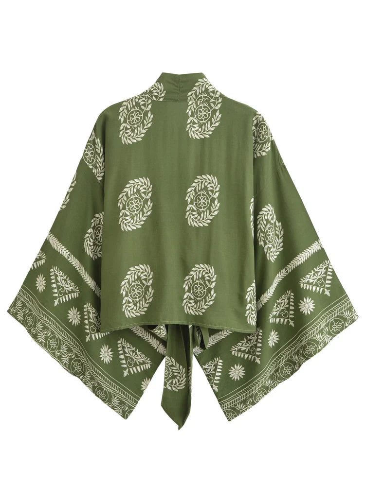 Sagewood Green Boho Floral Print Crop Top